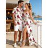 Hawaii Vacation Couple Outfit Tropical Hibiscus Floral Leaf Print Lace Hollow Out Slit Dress and Shirt Set - Blanc S | US 4