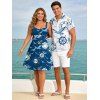 Vacation Couple Outfit Nautical Style Ship Wheel Seagull Print Ruched Dress and Shirt Set - DEEP BLUE S | US 4