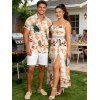Hawaii Vacation Couple Outfit Geometric Tropical Floral Leaf Pattern Lace Hollow Out Slit Dress and Shirt Set - Blanc S | US 4