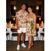 Country Style Couple Outfit Vintage Newspaper Rose Print Ruched Bust Belt Dress and Shirt Set - Abricot S | US 4
