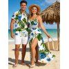 Hawaii Vacation Couple Outfit Tropical Plumeria Floral Palm Leaf Anthurium Print Lace Hollow Out Slit Dress and Shirt Set - WHITE S | US 4