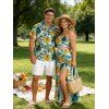Hawaii Vacation Couple Outfit Lily Floral Tropical Palm Leaf Pattern Lace Hollow Out Slit Dress and Shirt Set - PLANT GREEN S | US 4