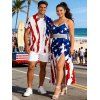 Independence Day Couple Outfit American Flag Elements Print Lace Hollow Out Slit Dress and Shirt Patriotic Set - WHITE S | US 4