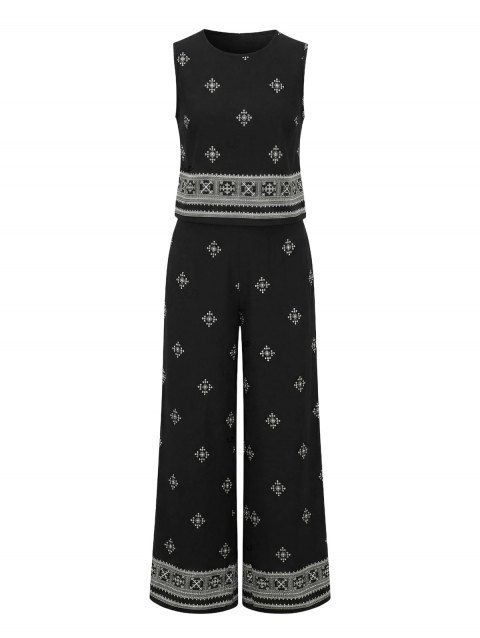Ensemble vintage de vacances : débardeur à imprimé ethnique géométrique et pantalon large.
