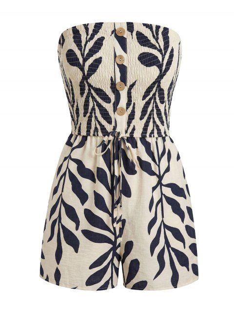 Combinaison de vacances style frais, imprimé silhouette de feuilles, smockée, faux boutons, épaules dénudées