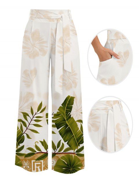 Pantalon large à imprimé feuilles de bananier tropical et ceinture à poches pour des vacances à Hawaï