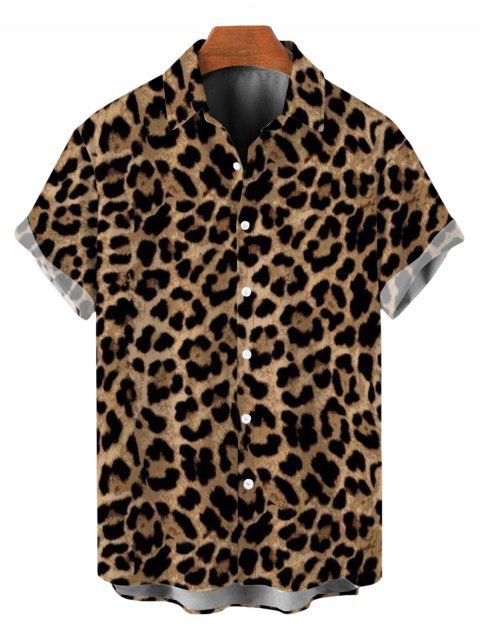 Chemise de vacances pour homme, motif léopard, manches retroussées, boutons
