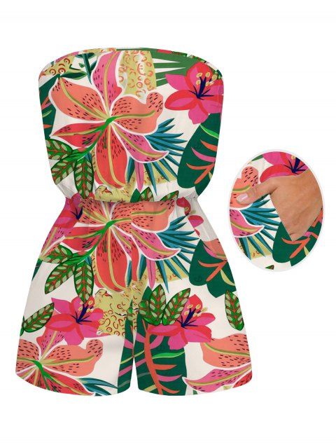 Combinaison de vacances à imprimé floral tropical vibrant et poches, épaules dénudées