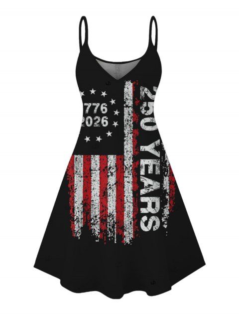 Independence Day Dress Vintage American Flag 250th Anniversary Print Spaghetti Strap Patriotic Dress