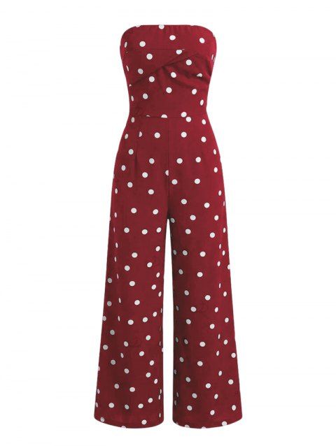 Combinaison de vacances vintage à pois, froncée, épaules dénudées, jambes larges