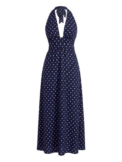 Vintage Vacation Dress Polka Dots Print Open Back Maxi Retro Halter Dress