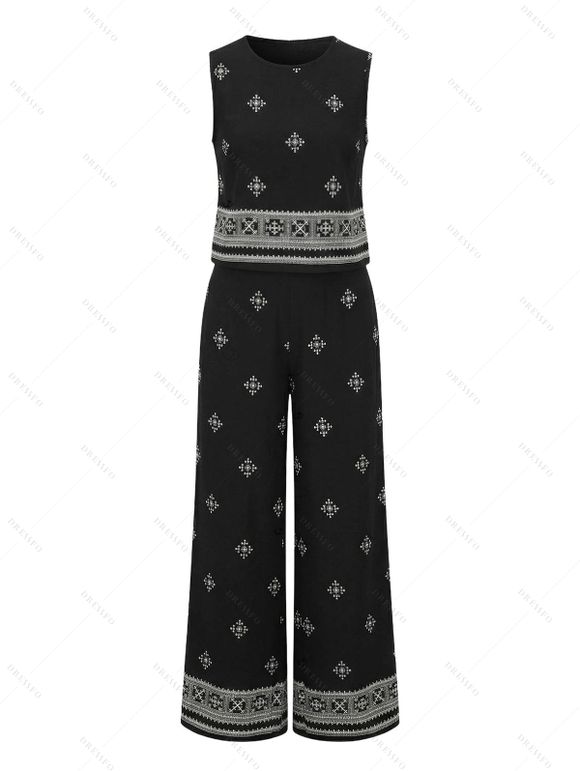 Vintage Vacation Couple Outfit Ethnic Print Tank Top Wide Leg Pants and Geometric Hollow Out Shirt Set - Noir S | US 4