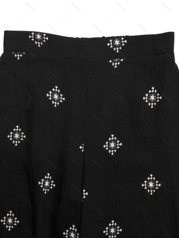 Vintage Vacation Couple Outfit Ethnic Print Tank Top Wide Leg Pants and Geometric Hollow Out Shirt Set - Noir S | US 4