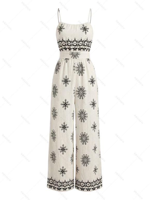 Bohemian Vacation Couple Outfit Ethnic Print Spaghetti Strap Wide Leg Jumpsuit and Textured Knitted Shirt Set - Beige S | US 4