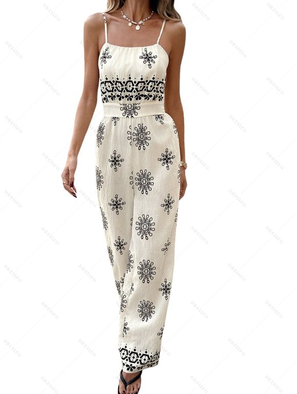 Bohemian Vacation Couple Outfit Ethnic Print Spaghetti Strap Wide Leg Jumpsuit and Textured Knitted Shirt Set - Beige S | US 4