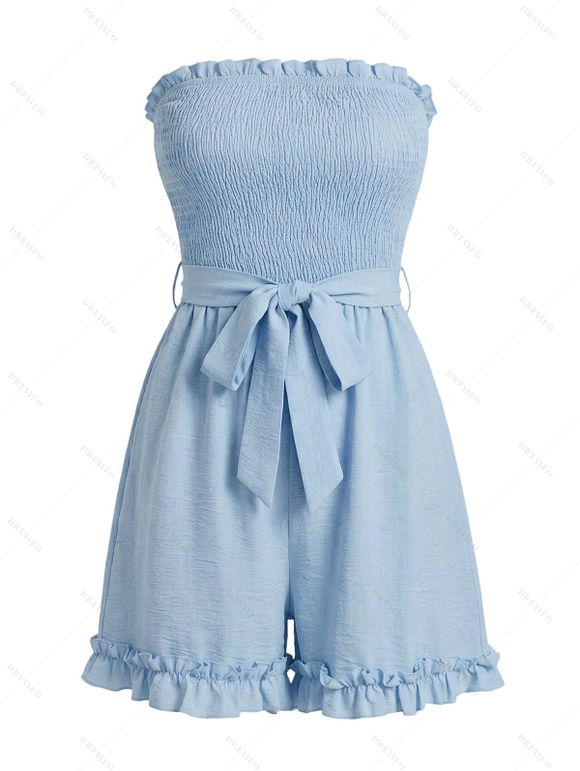 Vacation Couple Outfit Solid Color Smocked Ruffle Off the Shoulder Belt Romper and Tropical Botanical Leaf Print Shirt Set - Bleu Poudre S | US 4