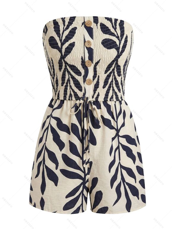 Vacation Couple Outfit Leaf Silhouette Print Smocked Tied Off the Shoulder Romper and Geometric Hollow Out Shirt Set - Noir S | US 4