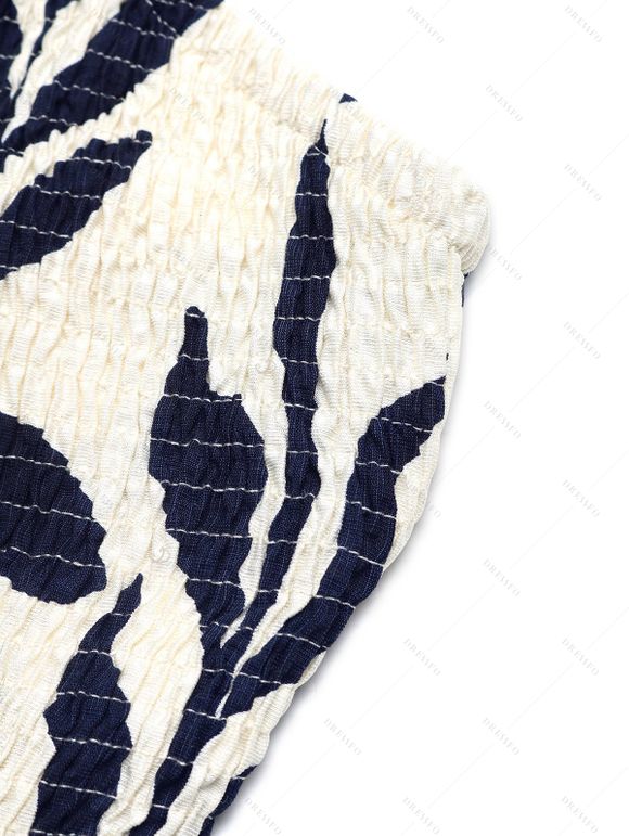 Vacation Couple Outfit Leaf Silhouette Print Smocked Tied Off the Shoulder Romper and Geometric Hollow Out Shirt Set - Noir S | US 4