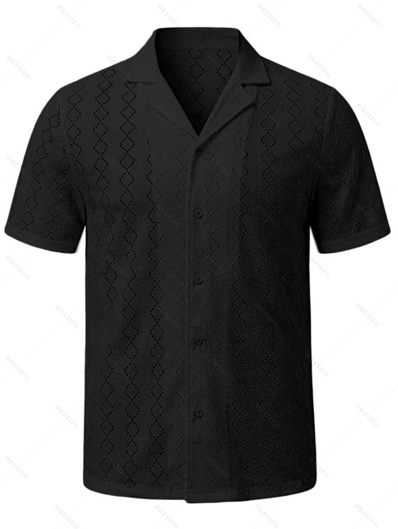 Vacation Couple Outfit Leaf Silhouette Print Smocked Tied Off the Shoulder Romper and Geometric Hollow Out Shirt Set - Noir S | US 4