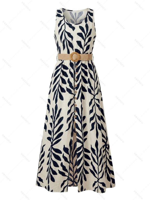 Vacation Couple Outfit Tropical Leaf Print Mock Button Belt Slit Maxi Dress and Geometric Hollow Out Shirt Set - Noir S | US 4