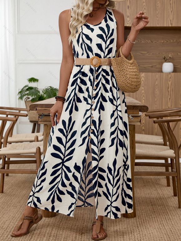 Vacation Couple Outfit Tropical Leaf Print Mock Button Belt Slit Maxi Dress and Geometric Hollow Out Shirt Set - Noir S | US 4