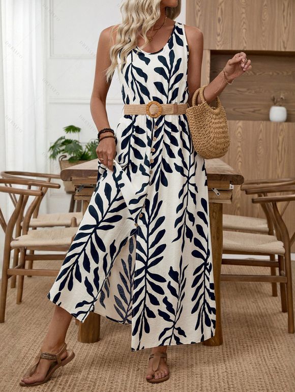 Vacation Couple Outfit Tropical Leaf Print Mock Button Belt Slit Maxi Dress and Geometric Hollow Out Shirt Set - Noir S | US 4