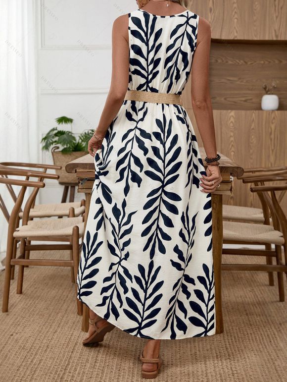 Vacation Couple Outfit Tropical Leaf Print Mock Button Belt Slit Maxi Dress and Geometric Hollow Out Shirt Set - Noir S | US 4