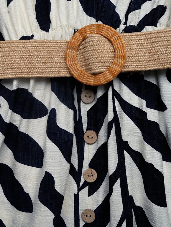 Vacation Couple Outfit Tropical Leaf Print Mock Button Belt Slit Maxi Dress and Geometric Hollow Out Shirt Set - Noir S | US 4