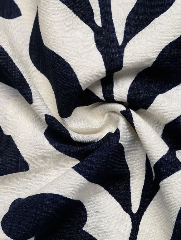 Vacation Couple Outfit Tropical Leaf Print Mock Button Belt Slit Maxi Dress and Geometric Hollow Out Shirt Set - Noir S | US 4