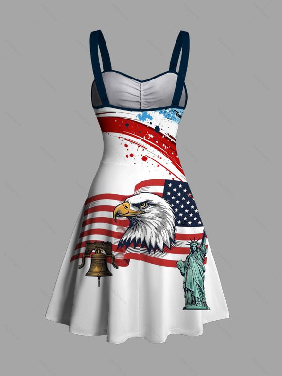 Independence Day Dress American Flag Eagle Statue of Liberty 250th Anniversary Print Ruched Bust Patriotic Dress - Blanc XXXXXL | US 20