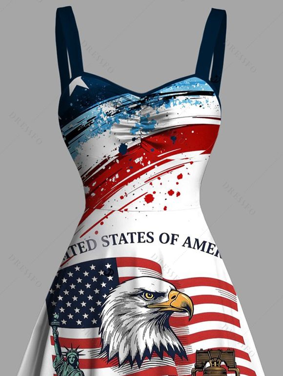 Independence Day Dress American Flag Eagle Statue of Liberty 250th Anniversary Print Ruched Bust Patriotic Dress - Blanc XXXXXL | US 20