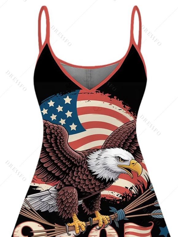Independence Day Dress Eagle American Flag Elements 250 Anniversary Print Spaghetti Strap Patriotic Dress - Noir XXXXXL | US 20