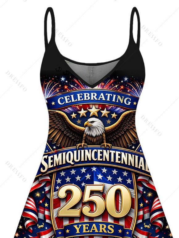 Independence Day Dress 250th Anniversary Eagle American Flag Elements Print Spaghetti Strap Patriotic Dress - Noir XXXXXL | US 20