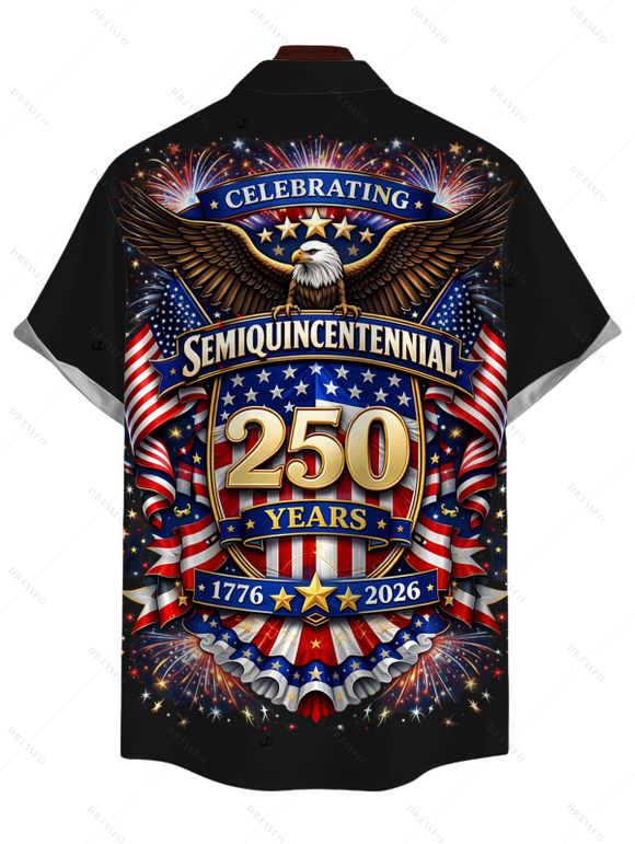 Men's Independence Day Shirt 250th Anniversary Eagle American Flag Elements Print Button Up Patriotic Shirt - Noir 5XL