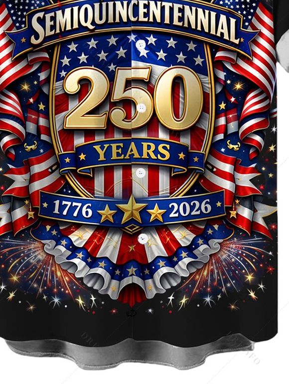 Men's Independence Day Shirt 250th Anniversary Eagle American Flag Elements Print Button Up Patriotic Shirt - Noir 5XL