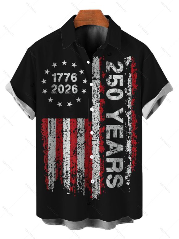 Independence Day Couple Outfit Vintage American Flag 250th Anniversary Print Dress and Roll Up Sleeve Shirt Patriotic Set - Noir S | US 4