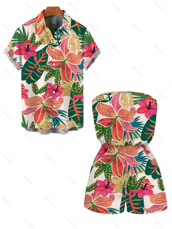 Vacation Couple Outfit Vibrant Tropical Floral Leaf Print Pocket Off the Shoulder Romper and Shirt Set - multicolor S | US 4