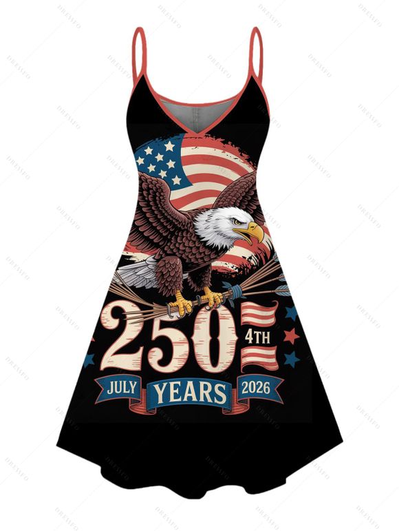 Independence Day Couple Outfit Eagle American Flag Elements 250 Anniversary Print Dress and Shirt Patriotic Set - Noir S | US 4