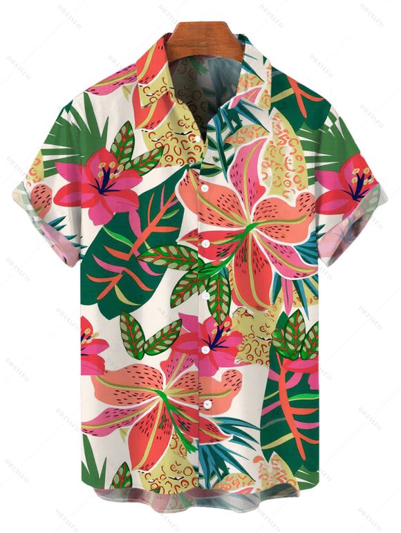 Vacation Couple Outfit Vibrant Tropical Floral Leaf Print Pocket Off the Shoulder Romper and Shirt Set - multicolor S | US 4