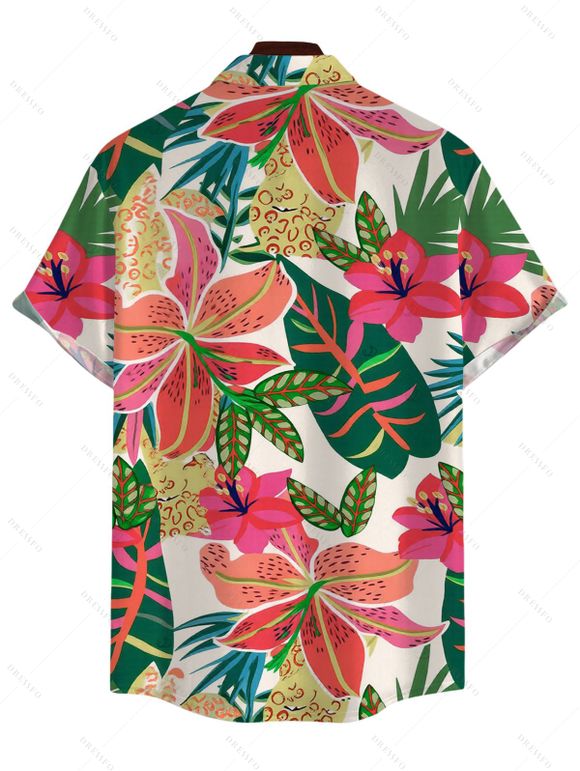 Vacation Couple Outfit Vibrant Tropical Floral Leaf Print Pocket Off the Shoulder Romper and Shirt Set - multicolor S | US 4