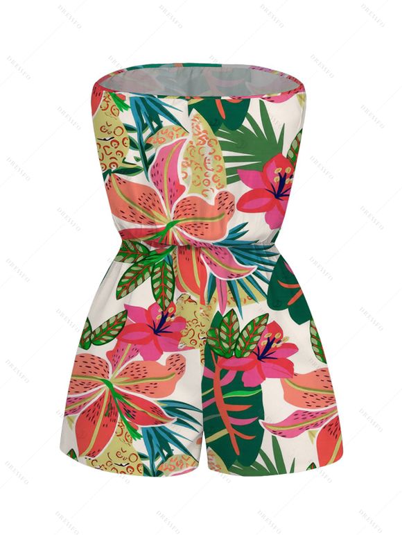 Vacation Couple Outfit Vibrant Tropical Floral Leaf Print Pocket Off the Shoulder Romper and Shirt Set - multicolor S | US 4