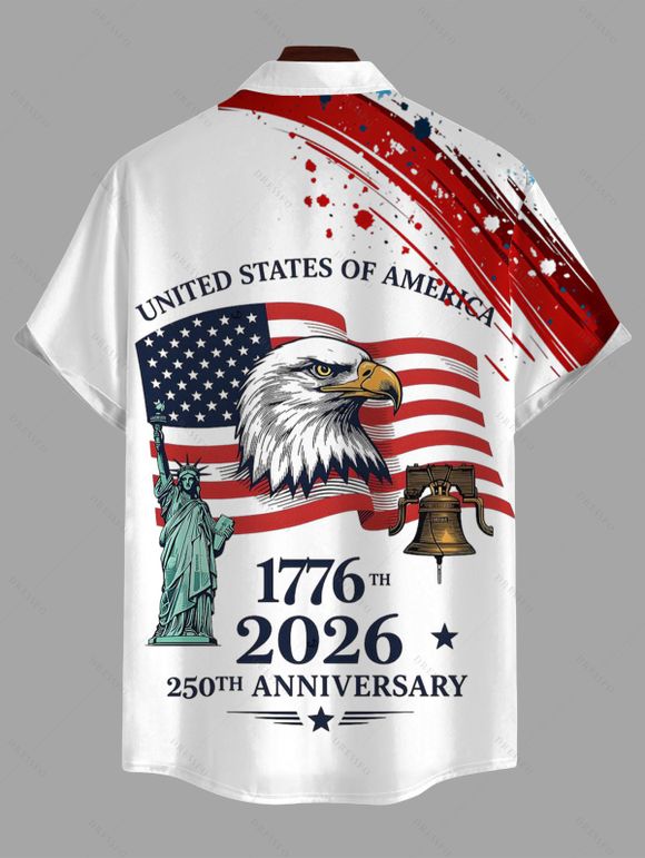Independence Day Couple Outfit American Flag Eagle Statue of Liberty 250th Anniversary Print Ruched Bust Dress and Shirt Patriotic Set - Blanc S | US 4