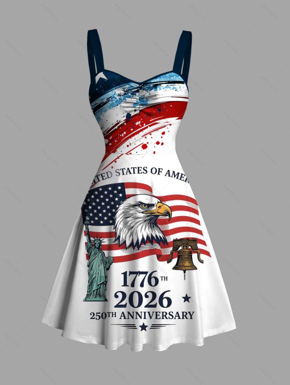 Independence Day Couple Outfit American Flag Eagle Statue of Liberty 250th Anniversary Print Ruched Bust Dress and Shirt Patriotic Set - Blanc S | US 4