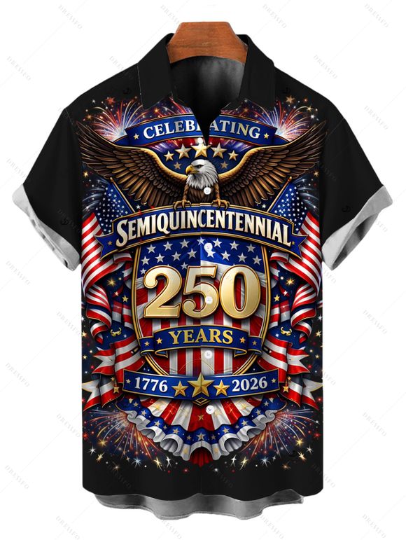 Independence Day Couple Outfit 250th Anniversary Eagle American Flag Elements Print Dress and Shirt Patriotic Set - Noir S | US 4