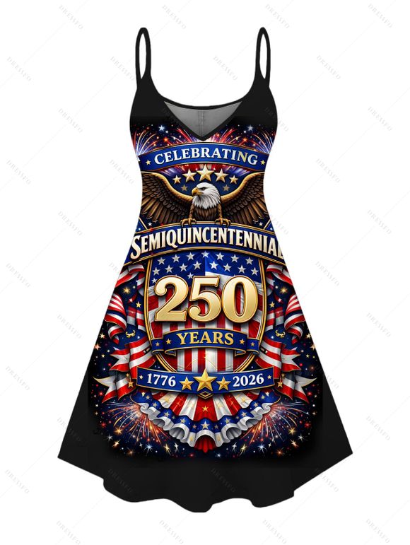 Independence Day Couple Outfit 250th Anniversary Eagle American Flag Elements Print Dress and Shirt Patriotic Set - Noir S | US 4