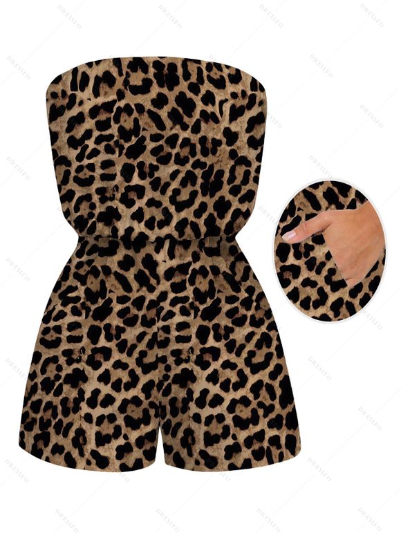 Vacation Couple Outfit Leopard Pattern Pocket Off the Shoulder Romper and Roll Up Sleeve Shirt Set - marron foncé S | US 4