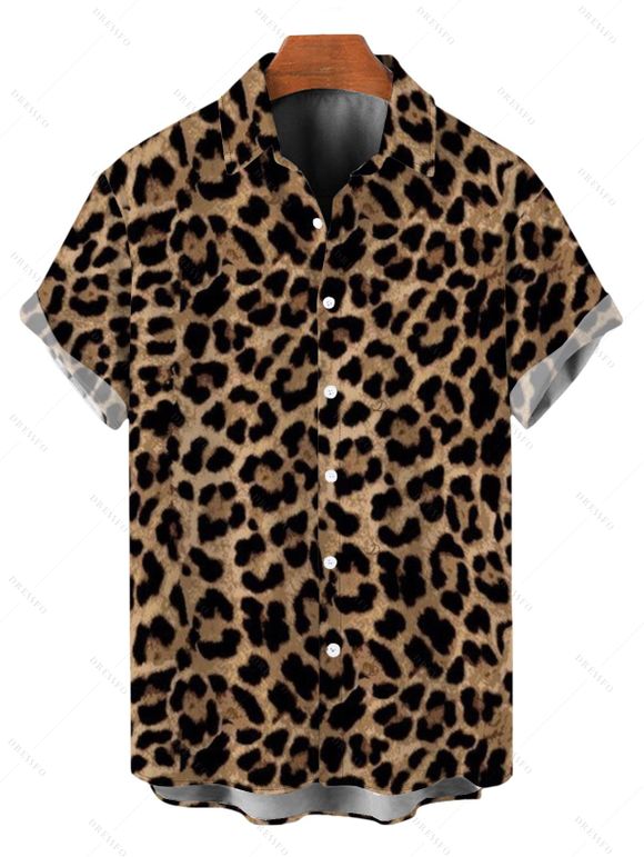 Vacation Couple Outfit Leopard Pattern Pocket Off the Shoulder Romper and Roll Up Sleeve Shirt Set - marron foncé S | US 4