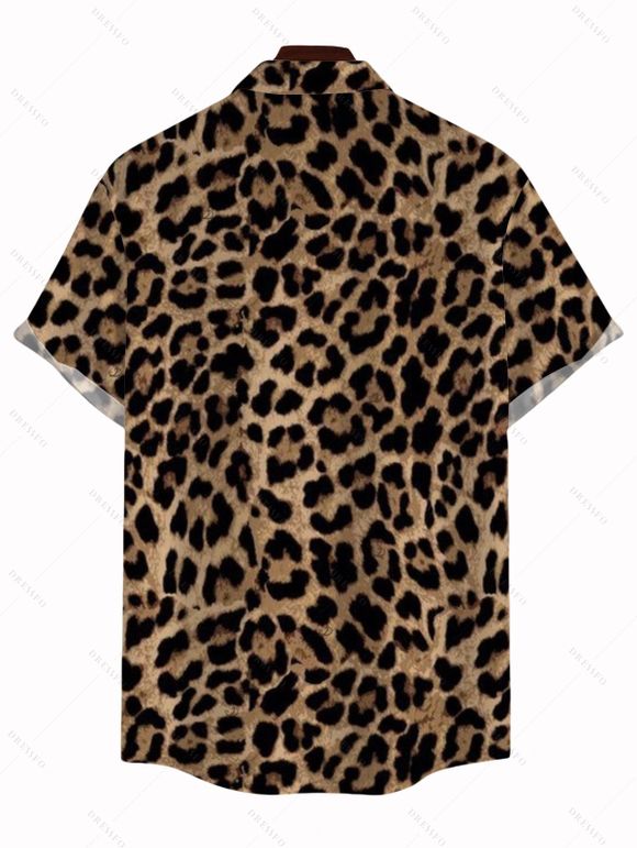 Men's Vacation Shirt Leopard Pattern Roll Up Sleeve Button Up Shirt - marron foncé 5XL