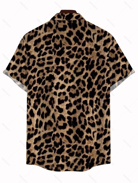 Vacation Couple Outfit Leopard Pattern Pocket Off the Shoulder Romper and Roll Up Sleeve Shirt Set - marron foncé S | US 4