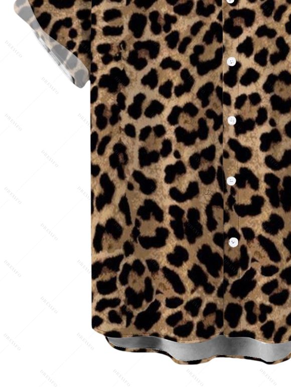 Vacation Couple Outfit Leopard Pattern Pocket Off the Shoulder Romper and Roll Up Sleeve Shirt Set - marron foncé S | US 4